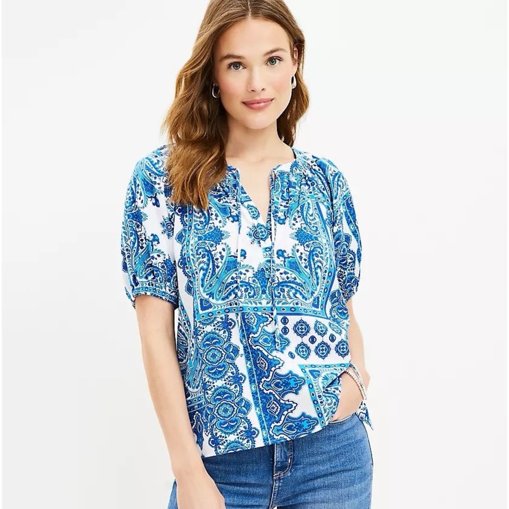 LOFT Bandana Print Tie Neck Puff Sleeve Top Blue White Size Large Peasant Blouse